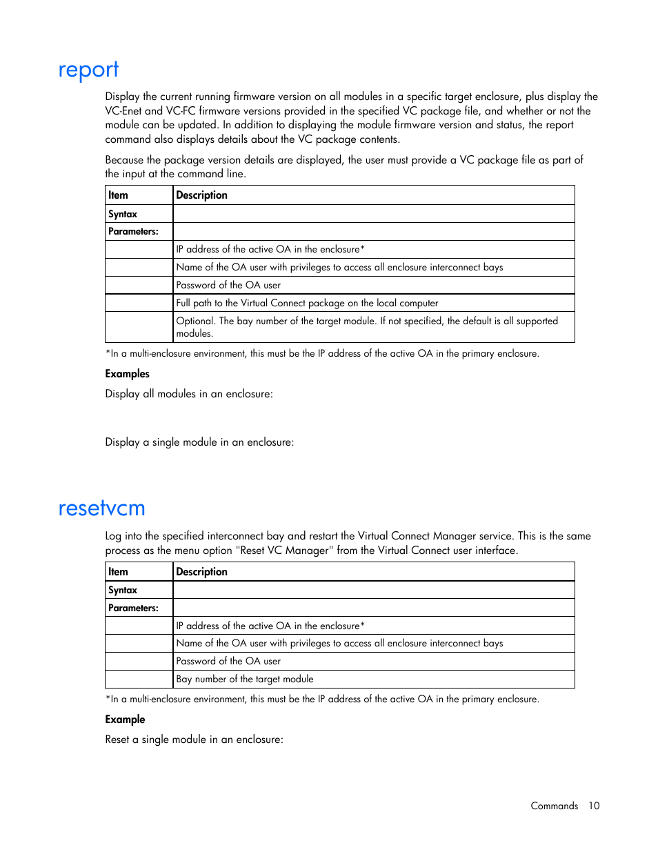 Report, Resetvcm | HP Virtual Connect Flex-10 10Gb Ethernet Module for c-Class BladeSystem User Manual | Page 10 / 17