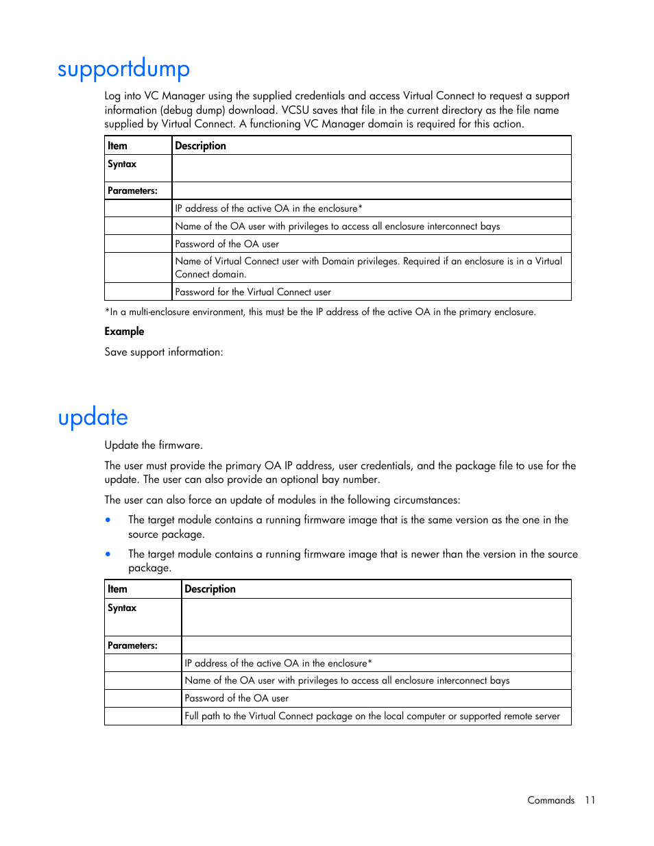 Supportdump, Update | HP Virtual Connect Flex-10 10Gb Ethernet Module for c-Class BladeSystem User Manual | Page 11 / 17