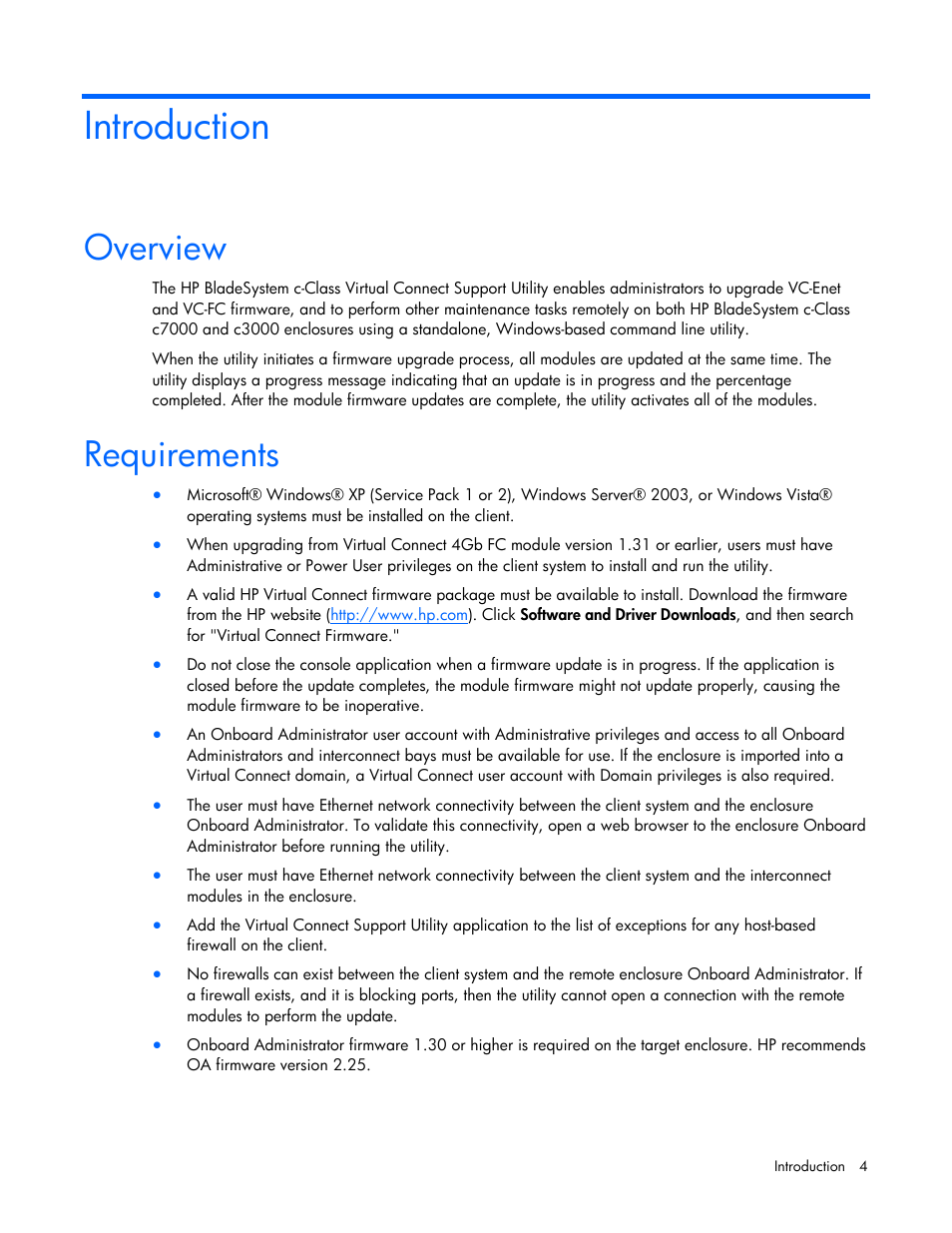 Introduction, Overview, Requirements | HP Virtual Connect Flex-10 10Gb Ethernet Module for c-Class BladeSystem User Manual | Page 4 / 17