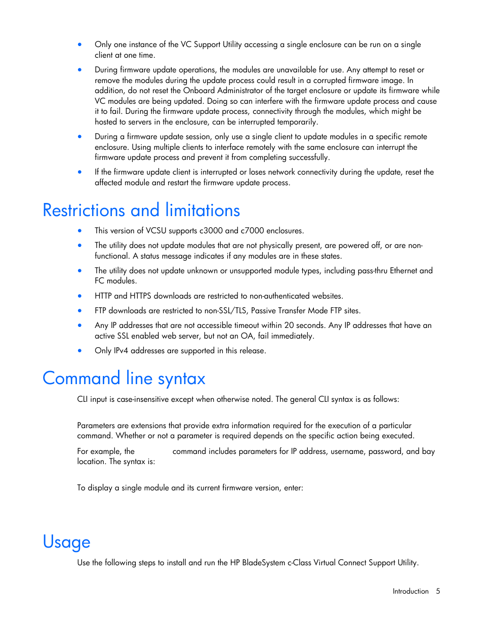 Restrictions and limitations, Command line syntax, Usage | HP Virtual Connect Flex-10 10Gb Ethernet Module for c-Class BladeSystem User Manual | Page 5 / 17