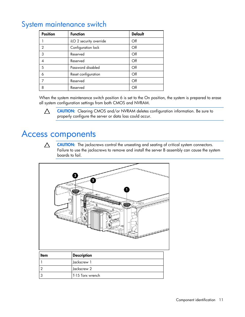System maintenance switch, Access components | HP ProLiant BL2x220c G5 Server-Blade User Manual | Page 11 / 92