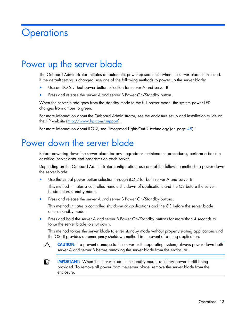 Operations, Power up the server blade, Power down the server blade | HP ProLiant BL2x220c G5 Server-Blade User Manual | Page 13 / 92