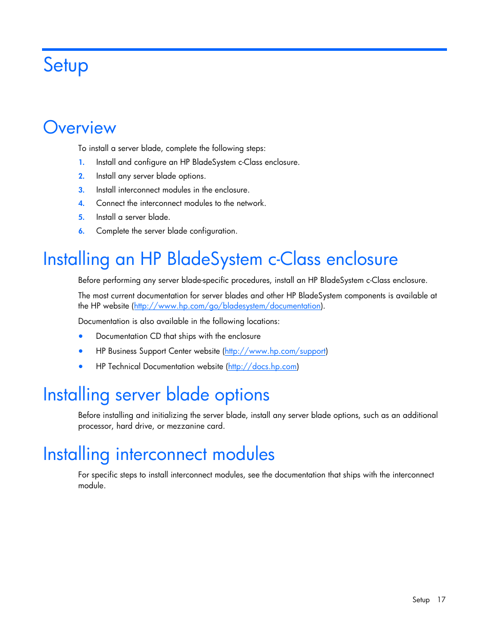 Setup, Overview, Installing an hp bladesystem c-class enclosure | Installing server blade options, Installing interconnect modules | HP ProLiant BL2x220c G5 Server-Blade User Manual | Page 17 / 92