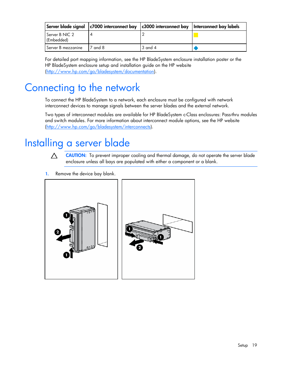 Connecting to the network, Installing a server blade | HP ProLiant BL2x220c G5 Server-Blade User Manual | Page 19 / 92