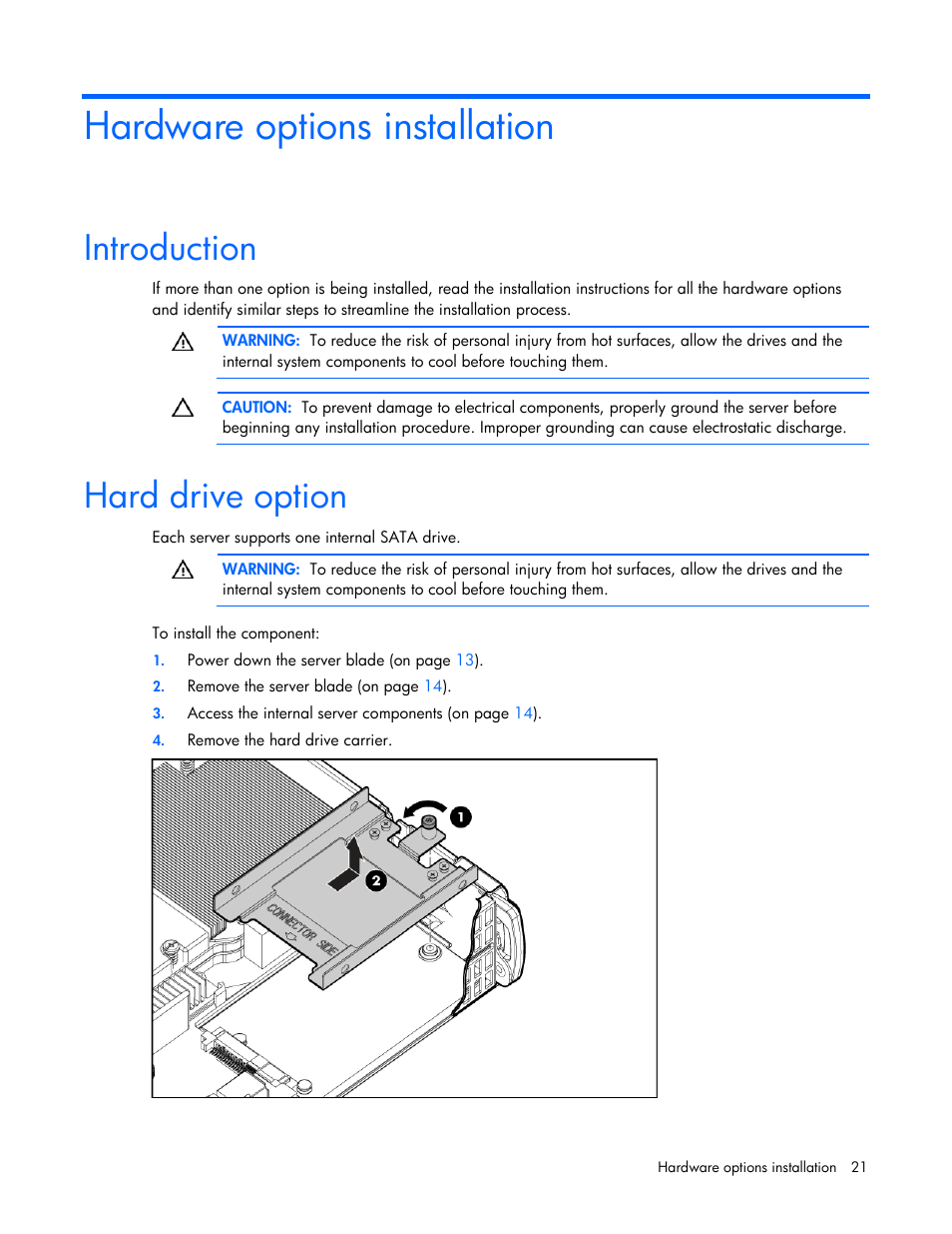 Hardware options installation, Introduction, Hard drive option | HP ProLiant BL2x220c G5 Server-Blade User Manual | Page 21 / 92