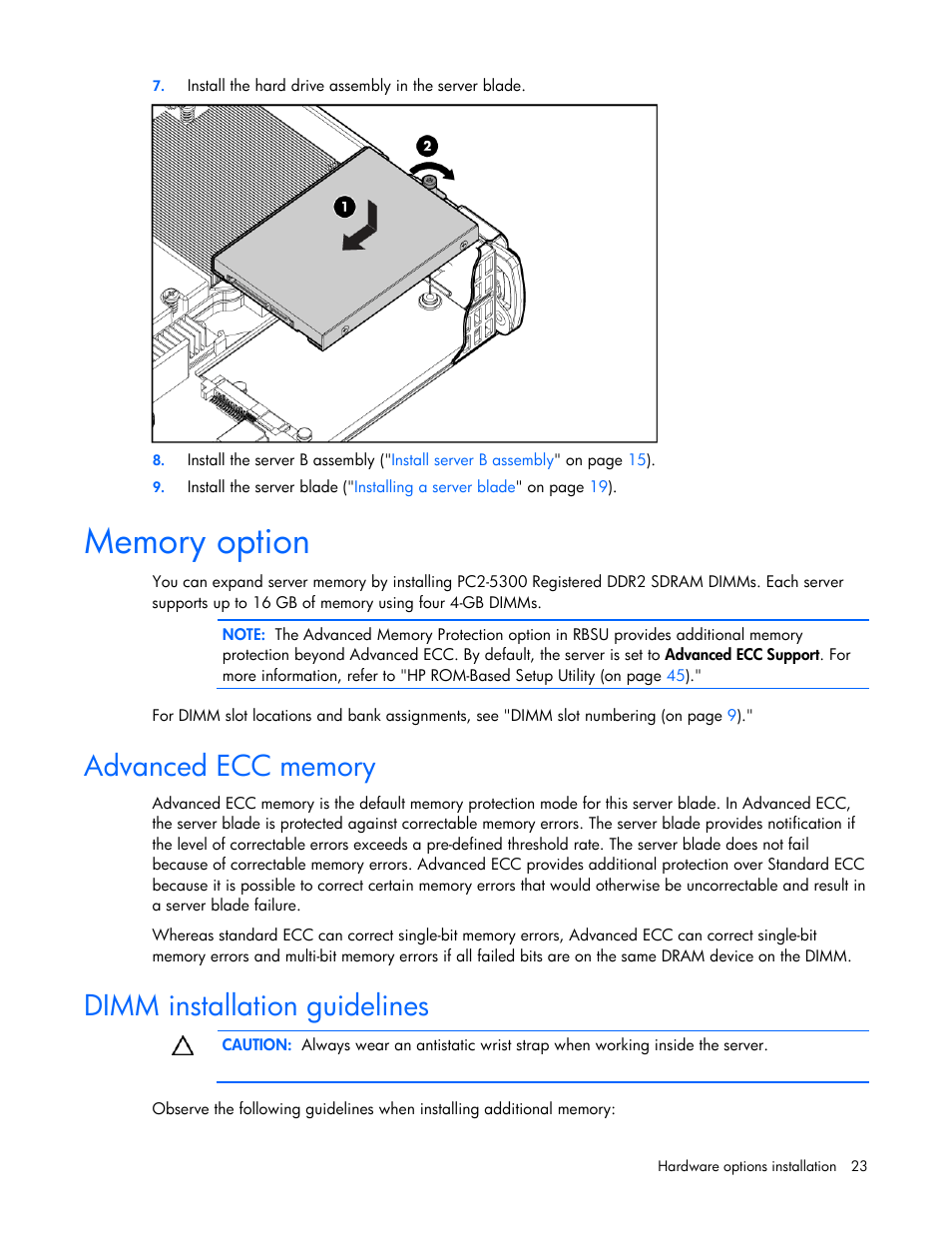 Memory option, Advanced ecc memory, Dimm installation guidelines | Options | HP ProLiant BL2x220c G5 Server-Blade User Manual | Page 23 / 92