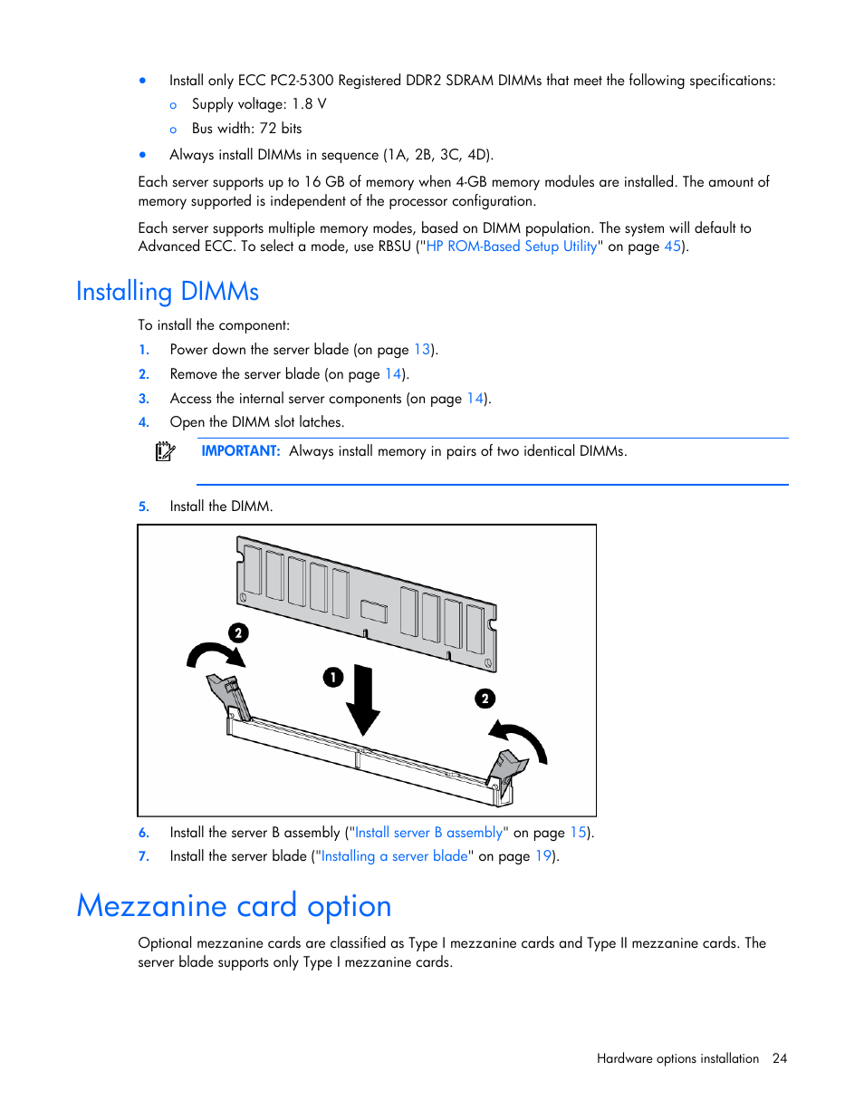 Installing dimms, Mezzanine card option | HP ProLiant BL2x220c G5 Server-Blade User Manual | Page 24 / 92
