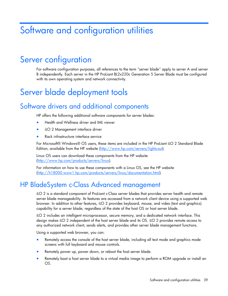 Software and configuration utilities, Server configuration, Server blade deployment tools | Software drivers and additional components, Hp bladesystem c-class advanced management | HP ProLiant BL2x220c G5 Server-Blade User Manual | Page 39 / 92