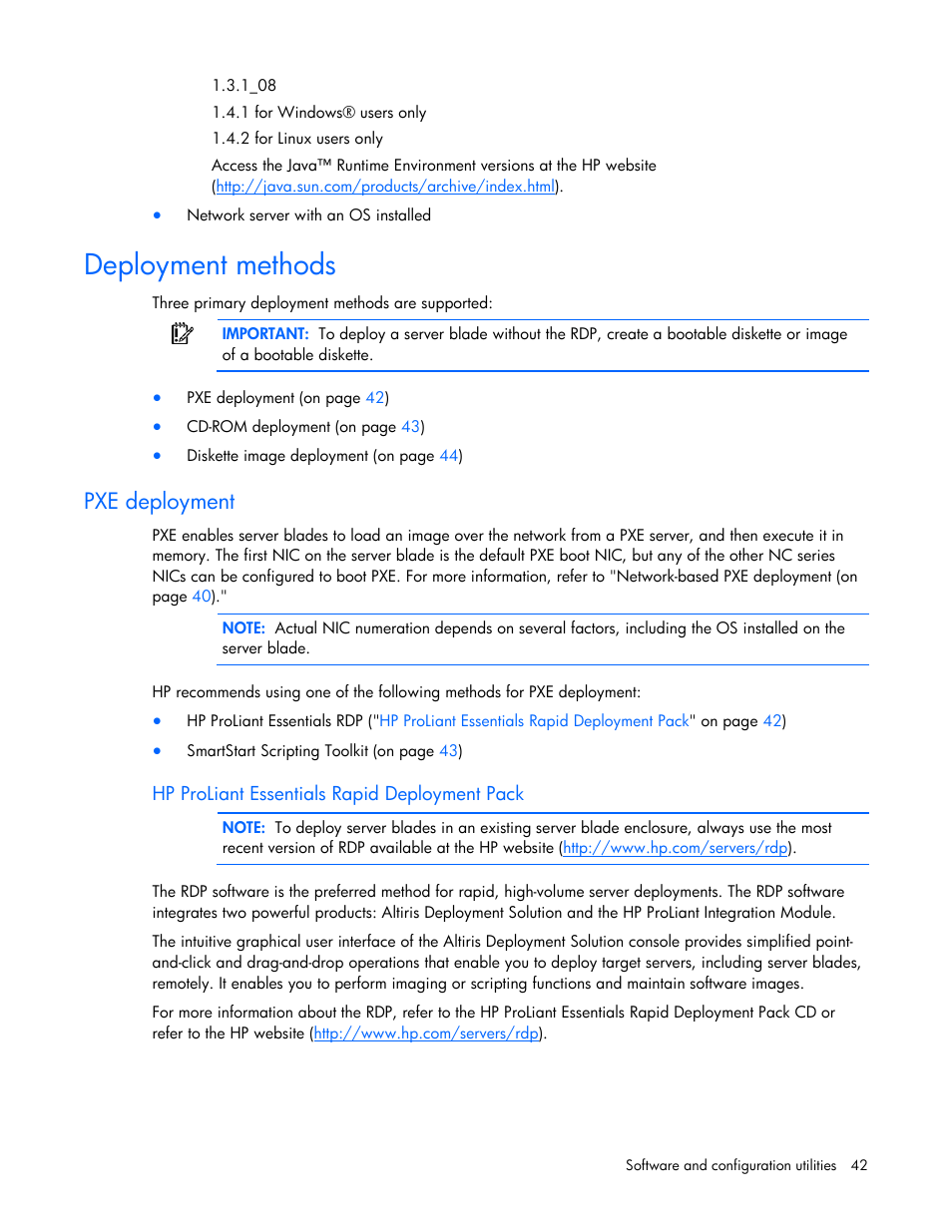 Deployment methods, Pxe deployment | HP ProLiant BL2x220c G5 Server-Blade User Manual | Page 42 / 92
