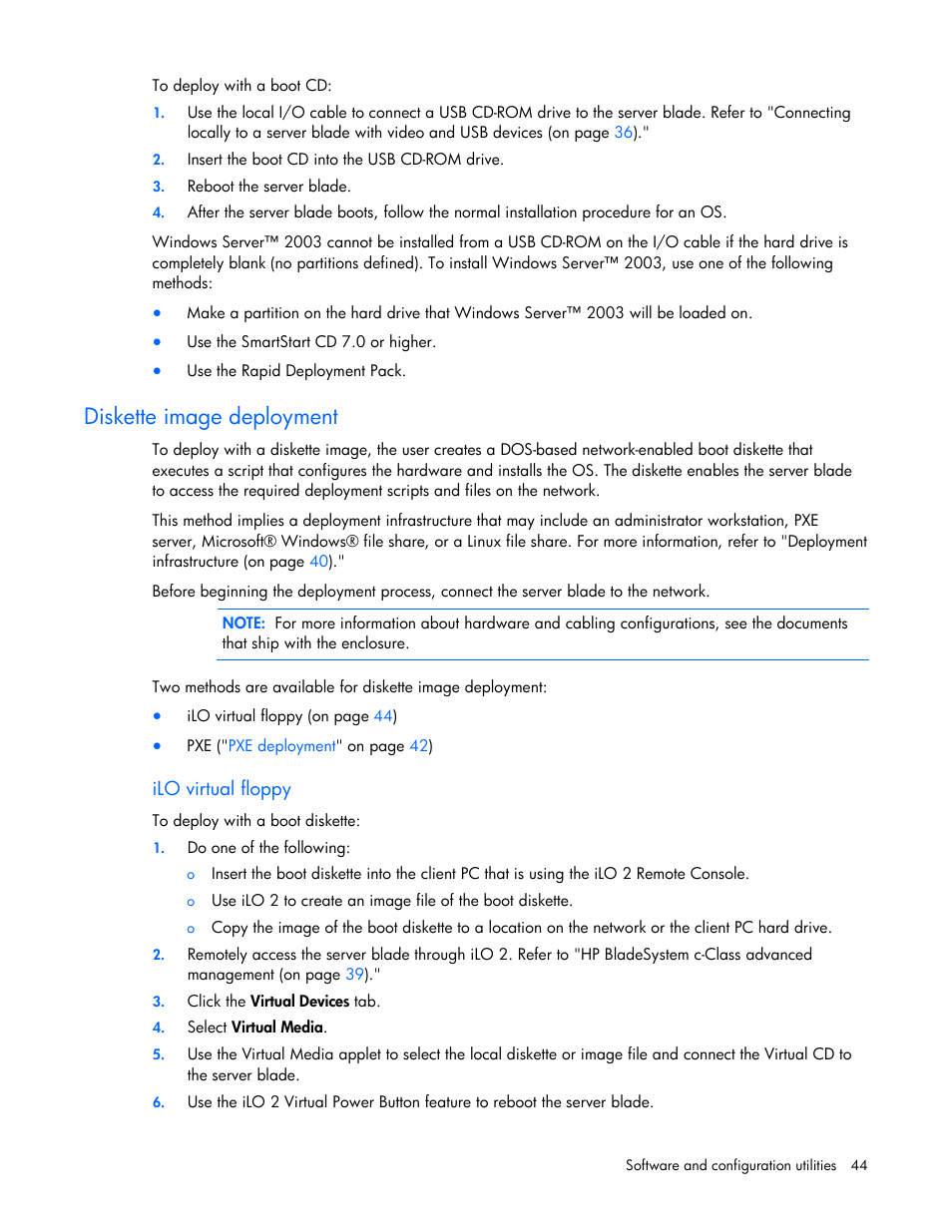 Diskette image deployment | HP ProLiant BL2x220c G5 Server-Blade User Manual | Page 44 / 92