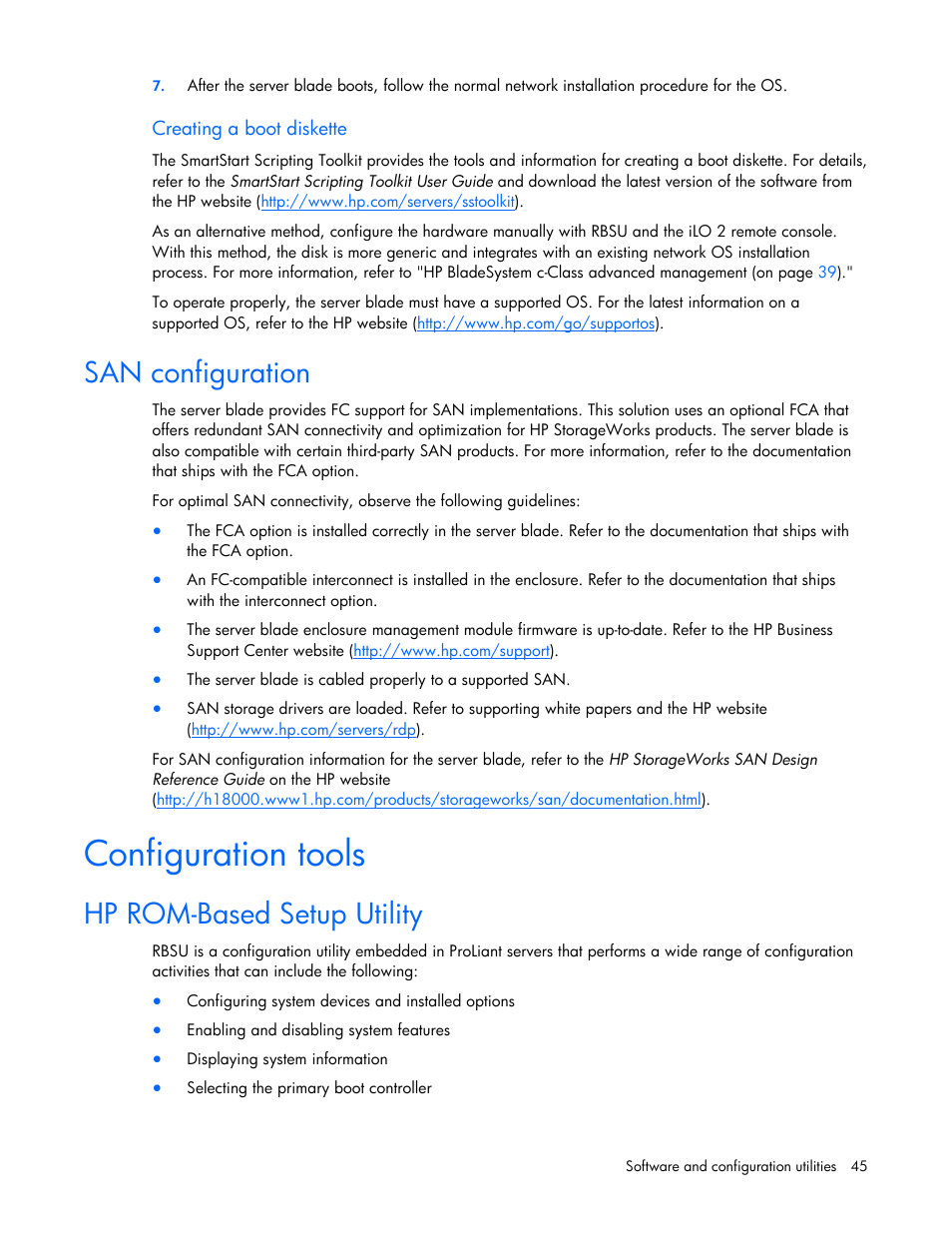 San configuration, Configuration tools, Hp rom-based setup utility | HP ProLiant BL2x220c G5 Server-Blade User Manual | Page 45 / 92