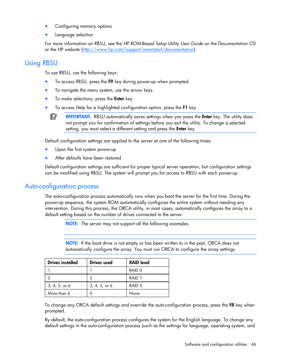 Using rbsu, Auto-configuration process | HP ProLiant BL2x220c G5 Server-Blade User Manual | Page 46 / 92
