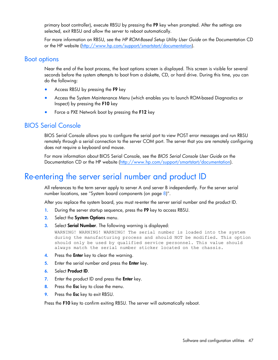 Boot options, Bios serial console | HP ProLiant BL2x220c G5 Server-Blade User Manual | Page 47 / 92