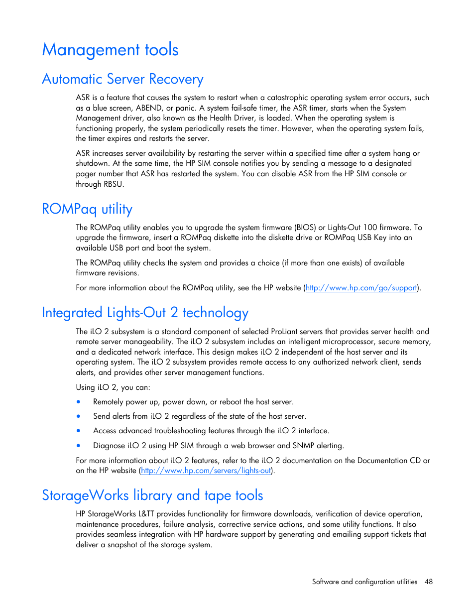 Management tools, Automatic server recovery, Rompaq utility | Integrated lights-out 2 technology, Storageworks library and tape tools | HP ProLiant BL2x220c G5 Server-Blade User Manual | Page 48 / 92