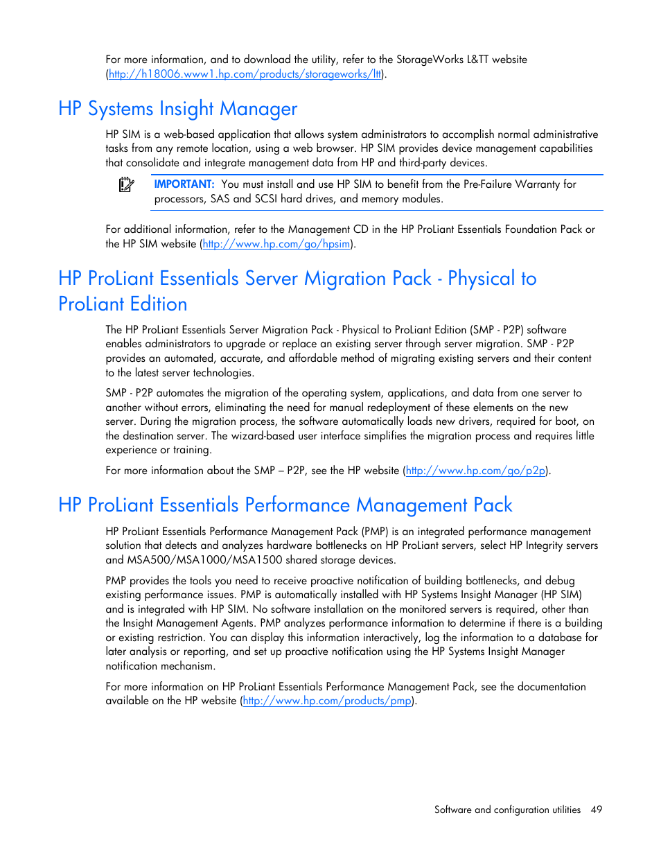 Hp systems insight manager, Hp proliant essentials performance management pack | HP ProLiant BL2x220c G5 Server-Blade User Manual | Page 49 / 92