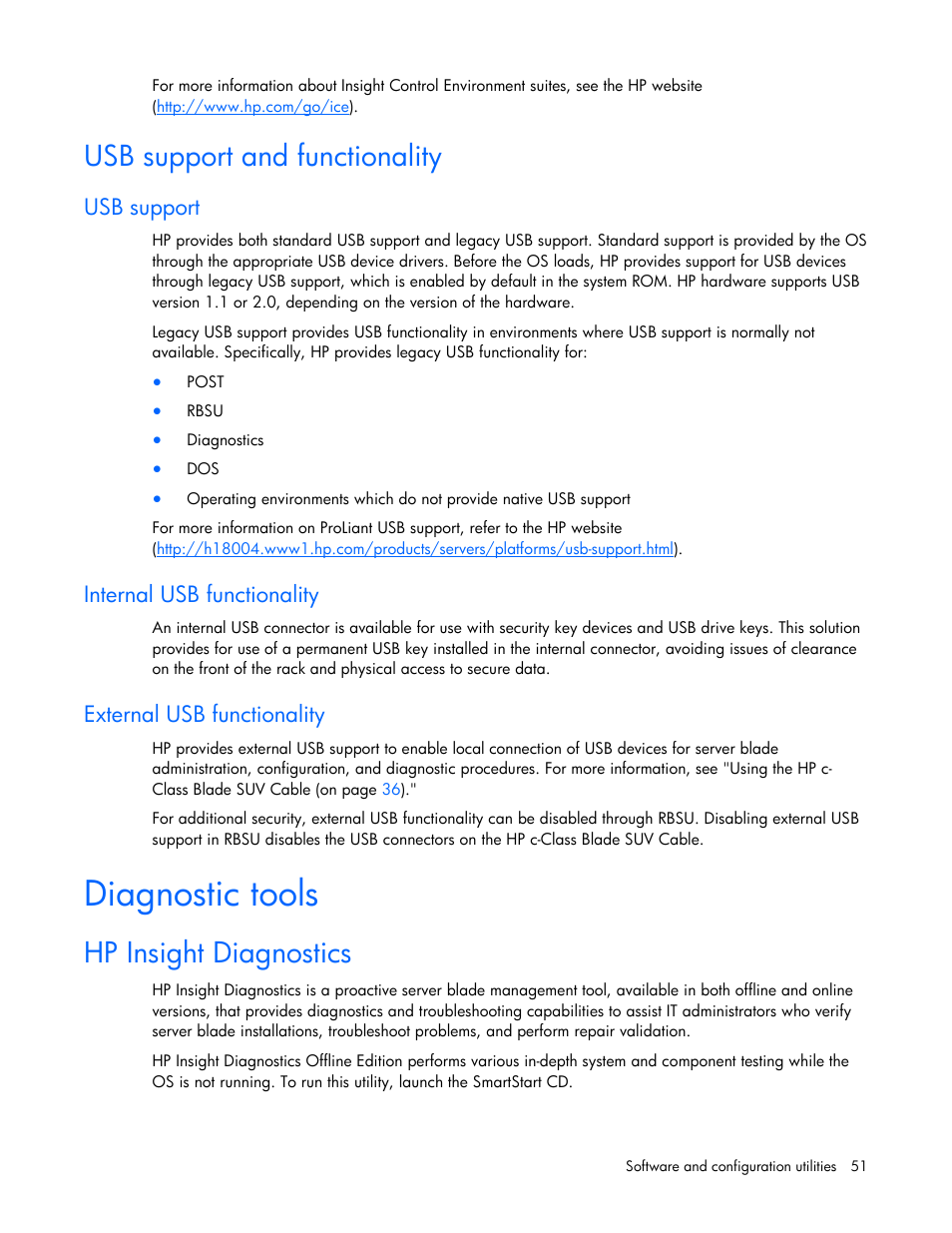 Usb support and functionality, Usb support, Internal usb functionality | External usb functionality, Diagnostic tools, Hp insight diagnostics | HP ProLiant BL2x220c G5 Server-Blade User Manual | Page 51 / 92