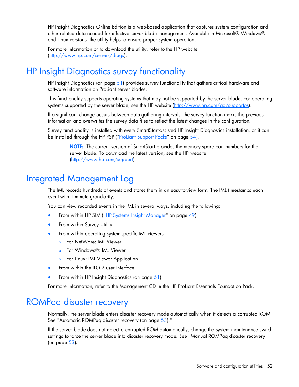 Hp insight diagnostics survey functionality, Integrated management log, Rompaq disaster recovery | HP ProLiant BL2x220c G5 Server-Blade User Manual | Page 52 / 92