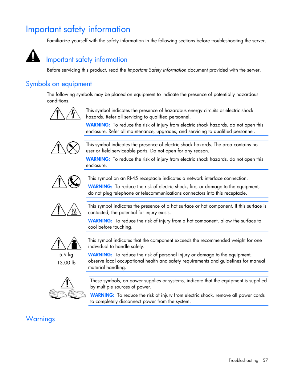 Important safety information, Symbols on equipment, Warnings | HP ProLiant BL2x220c G5 Server-Blade User Manual | Page 57 / 92