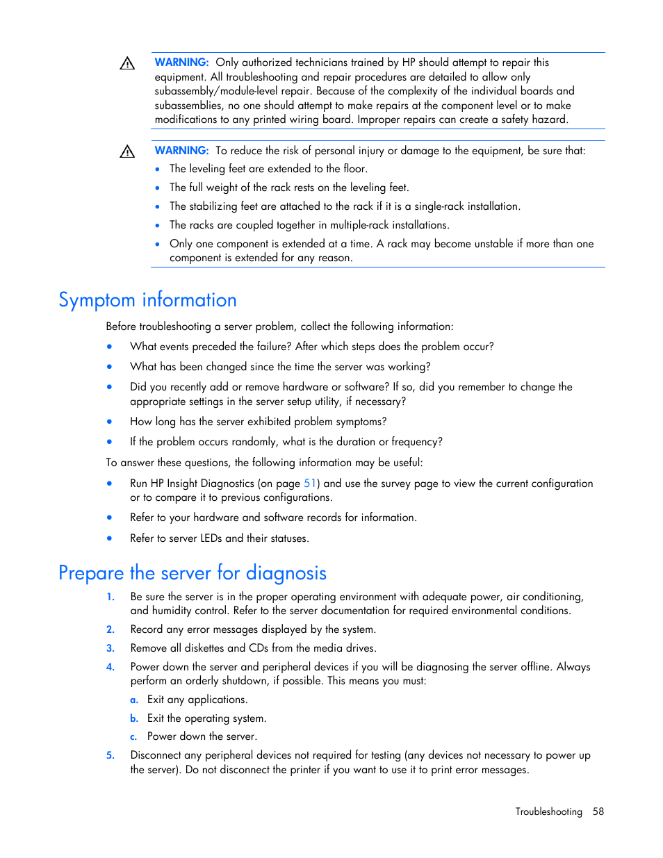 Symptom information, Prepare the server for diagnosis | HP ProLiant BL2x220c G5 Server-Blade User Manual | Page 58 / 92