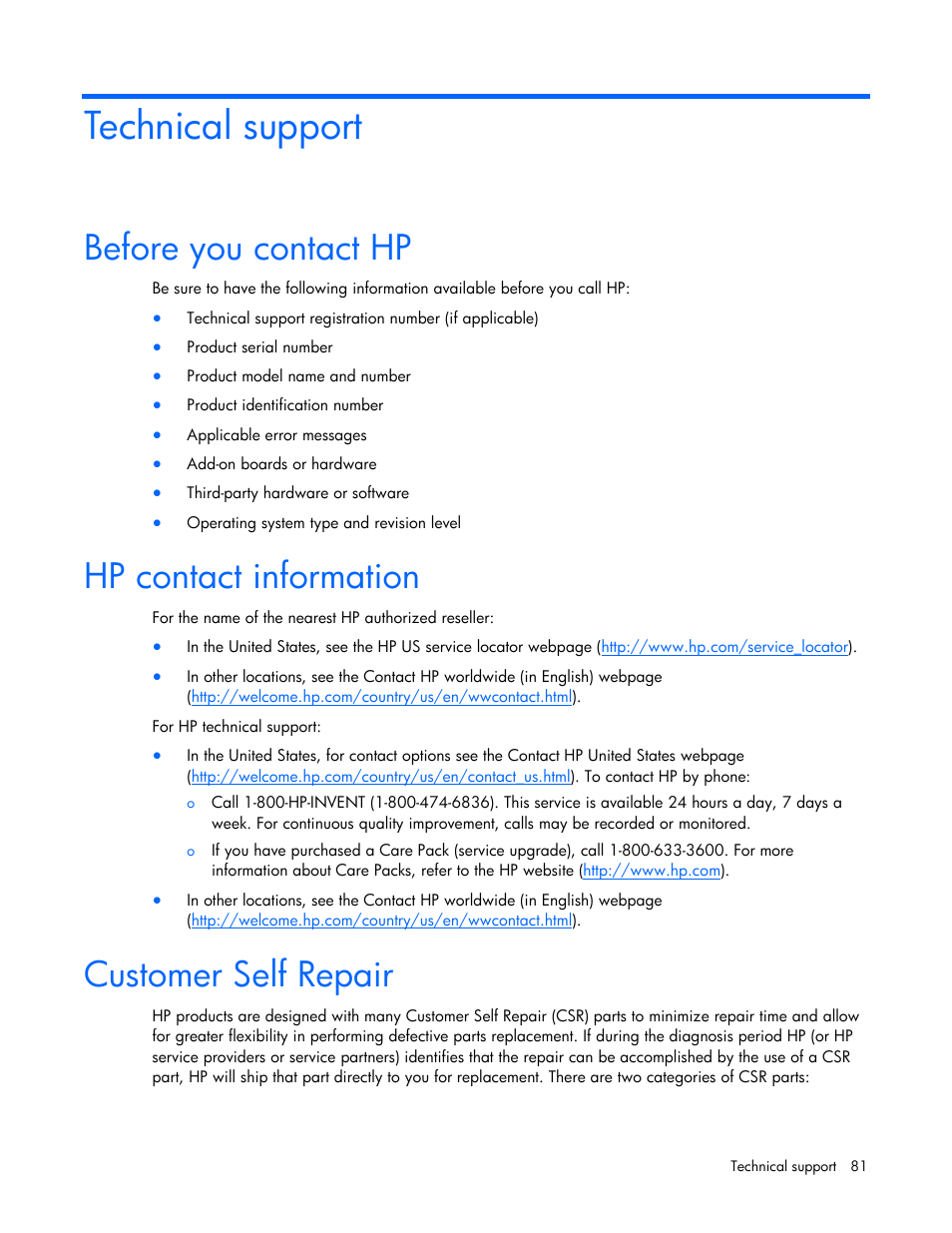 Technical support, Before you contact hp, Hp contact information | Customer self repair | HP ProLiant BL2x220c G5 Server-Blade User Manual | Page 81 / 92