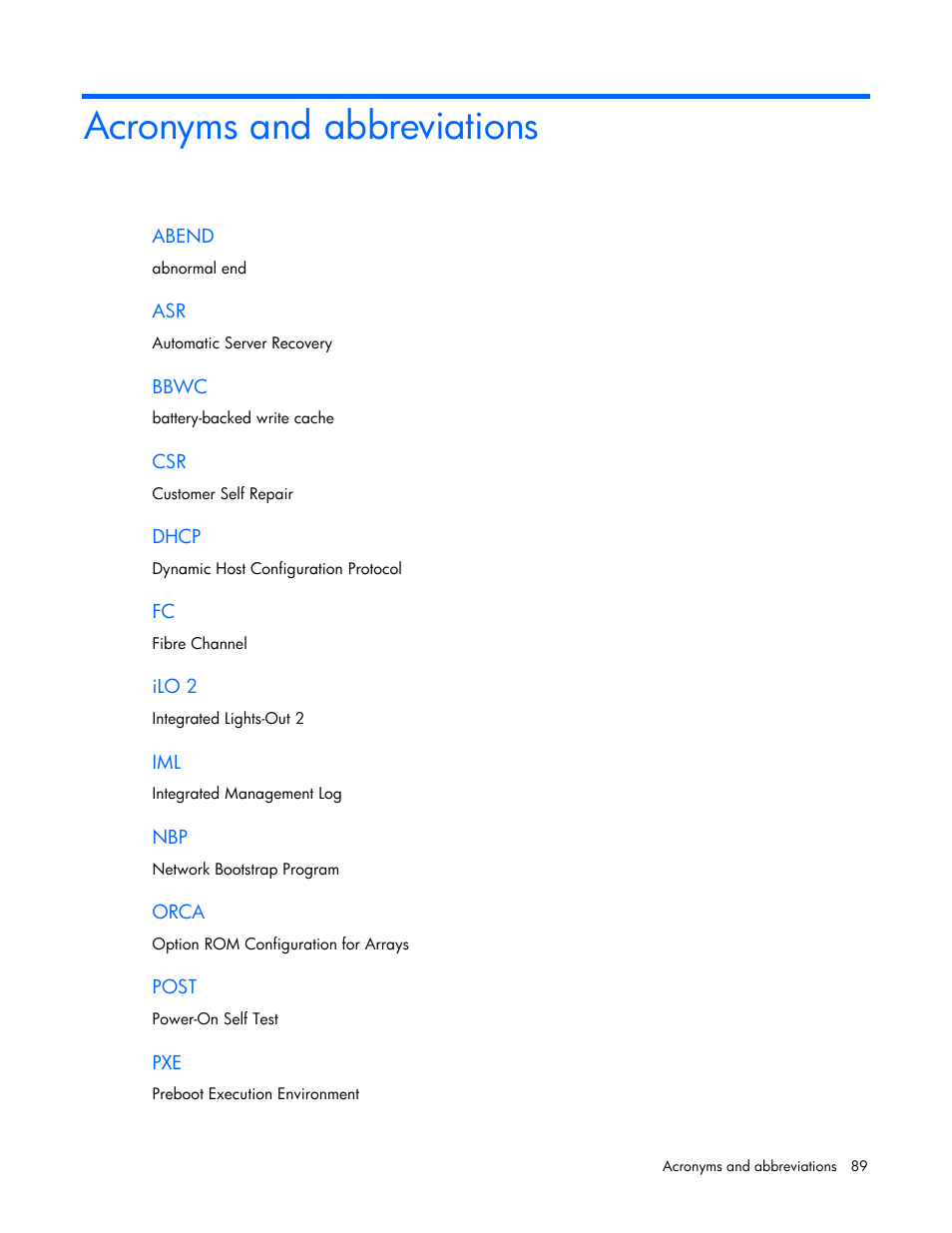 Acronyms and abbreviations | HP ProLiant BL2x220c G5 Server-Blade User Manual | Page 89 / 92