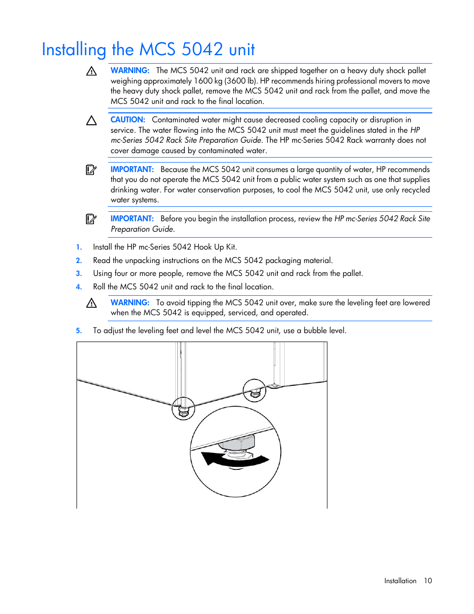 Installing the mcs 5042 unit | HP Modular Cooling System User Manual | Page 10 / 78