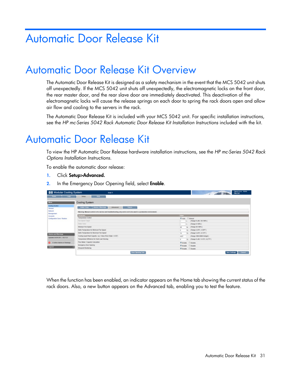 Automatic door release kit, Automatic door release kit overview | HP Modular Cooling System User Manual | Page 31 / 78