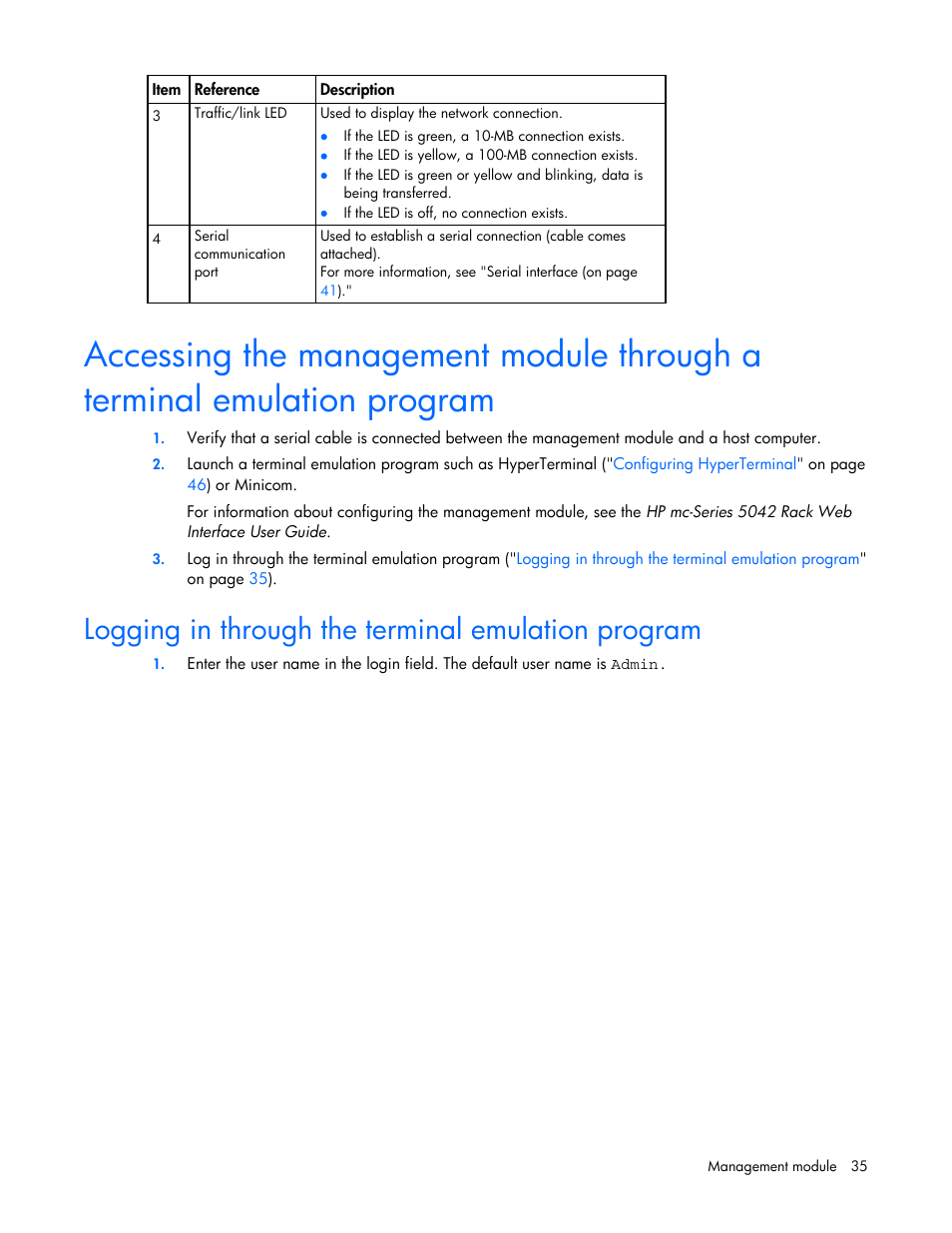 Logging in through the terminal emulation program | HP Modular Cooling System User Manual | Page 35 / 78