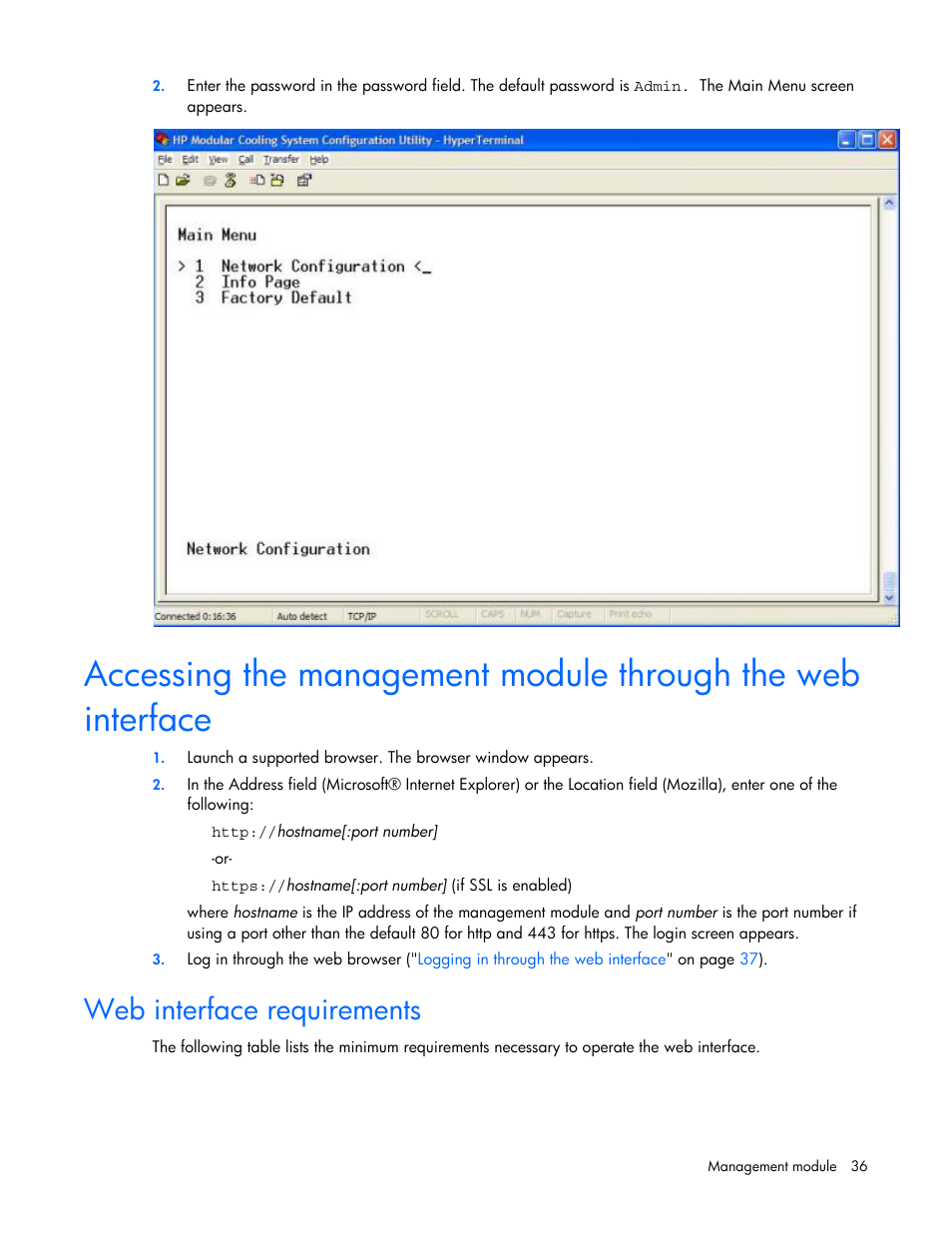 Web interface requirements | HP Modular Cooling System User Manual | Page 36 / 78