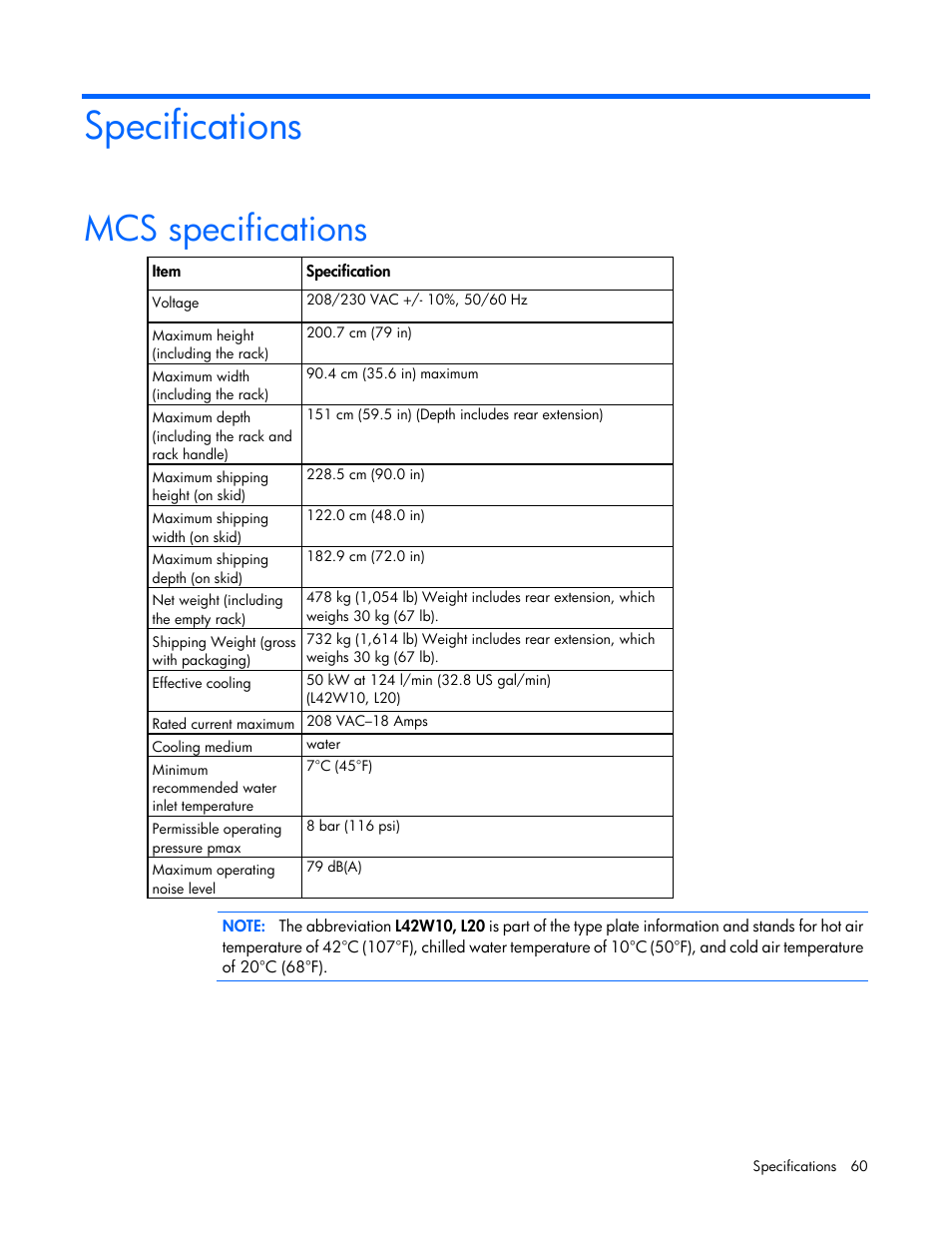 Specifications, Mcs specifications | HP Modular Cooling System User Manual | Page 60 / 78