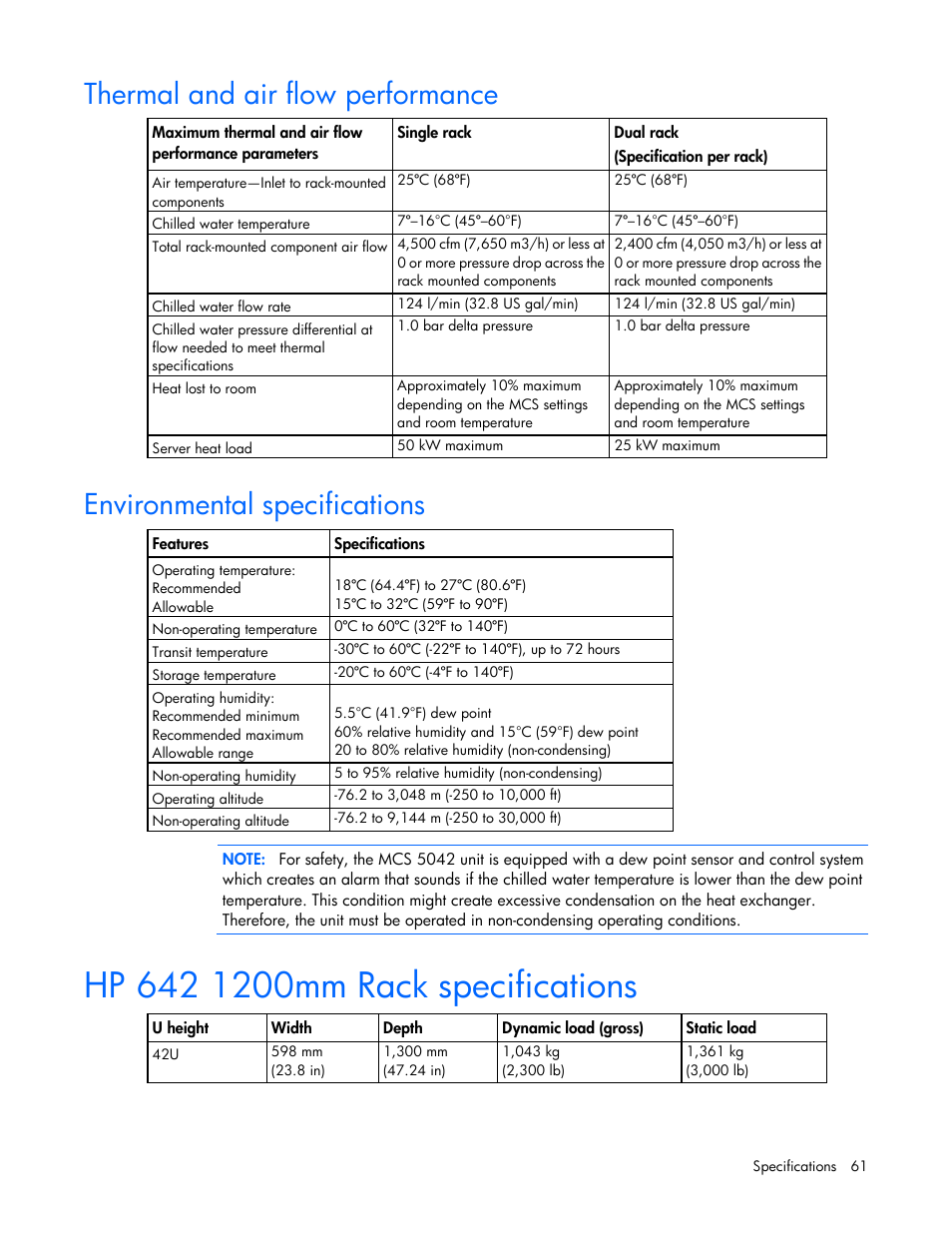 Thermal and air flow performance, Environmental specifications, Hp 642 1200mm rack specifications | HP Modular Cooling System User Manual | Page 61 / 78