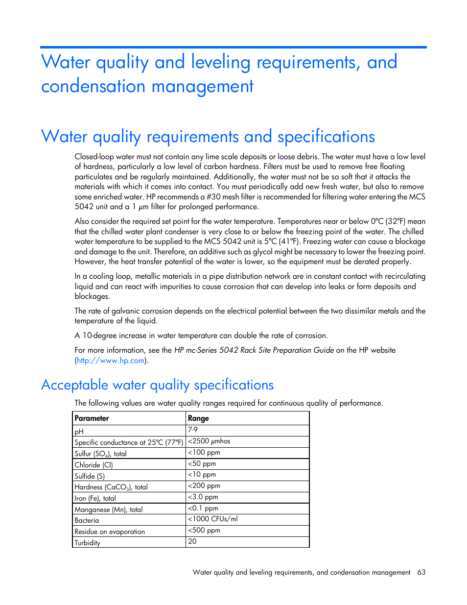 Water quality requirements and specifications, Acceptable water quality specifications | HP Modular Cooling System User Manual | Page 63 / 78