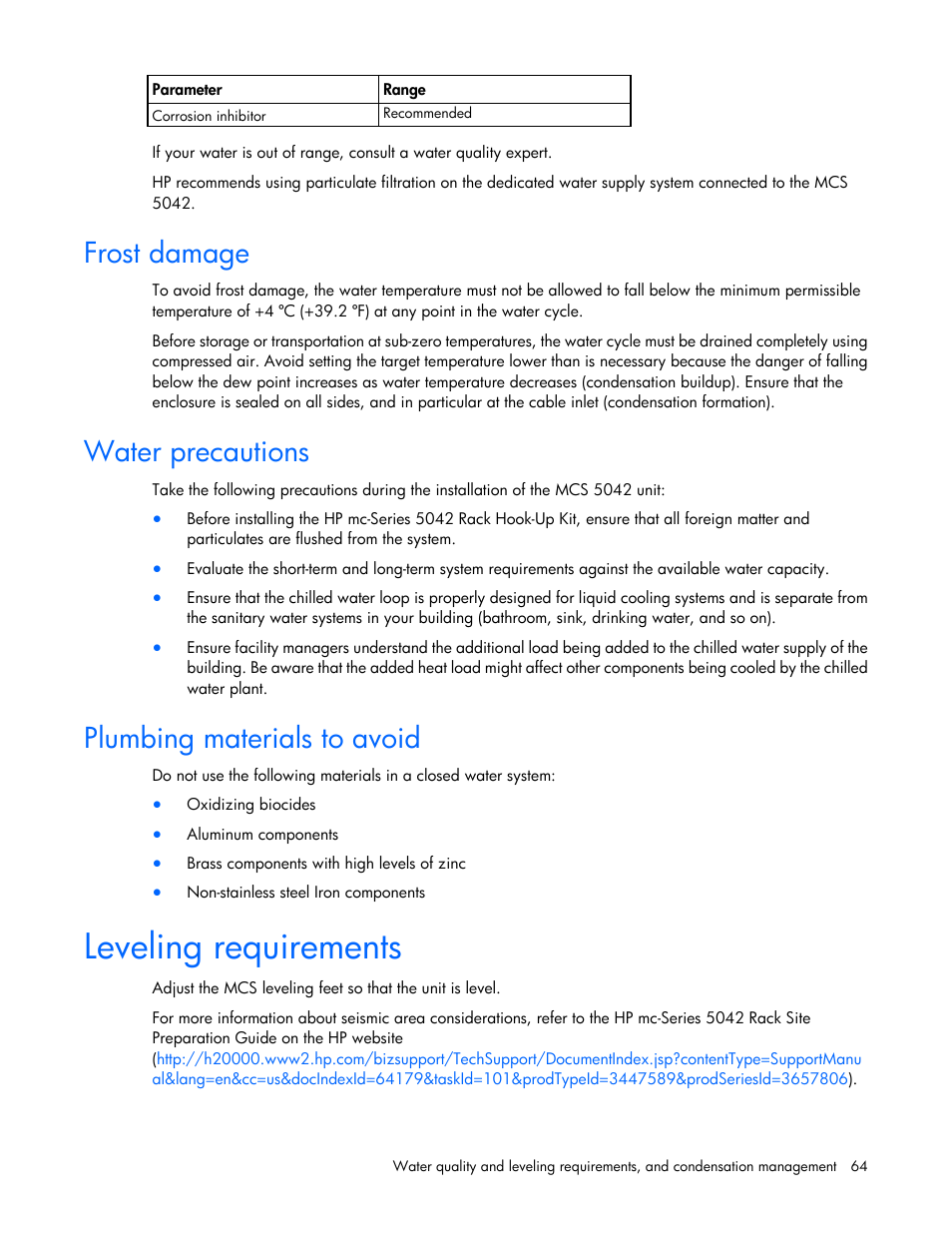 Frost damage, Water precautions, Plumbing materials to avoid | Leveling requirements | HP Modular Cooling System User Manual | Page 64 / 78