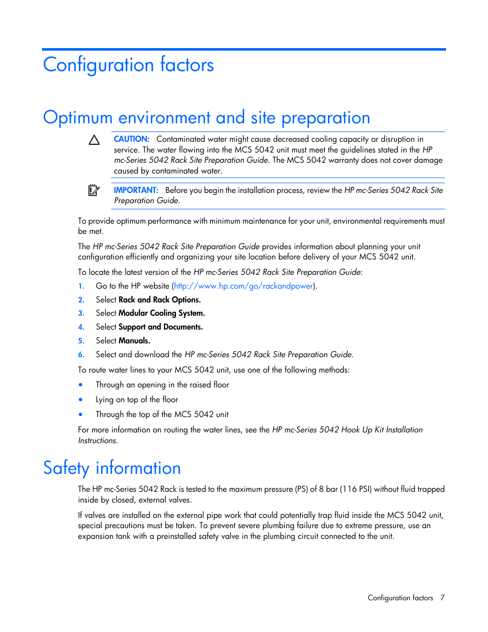 Configuration factors, Optimum environment and site preparation, Safety information | HP Modular Cooling System User Manual | Page 7 / 78