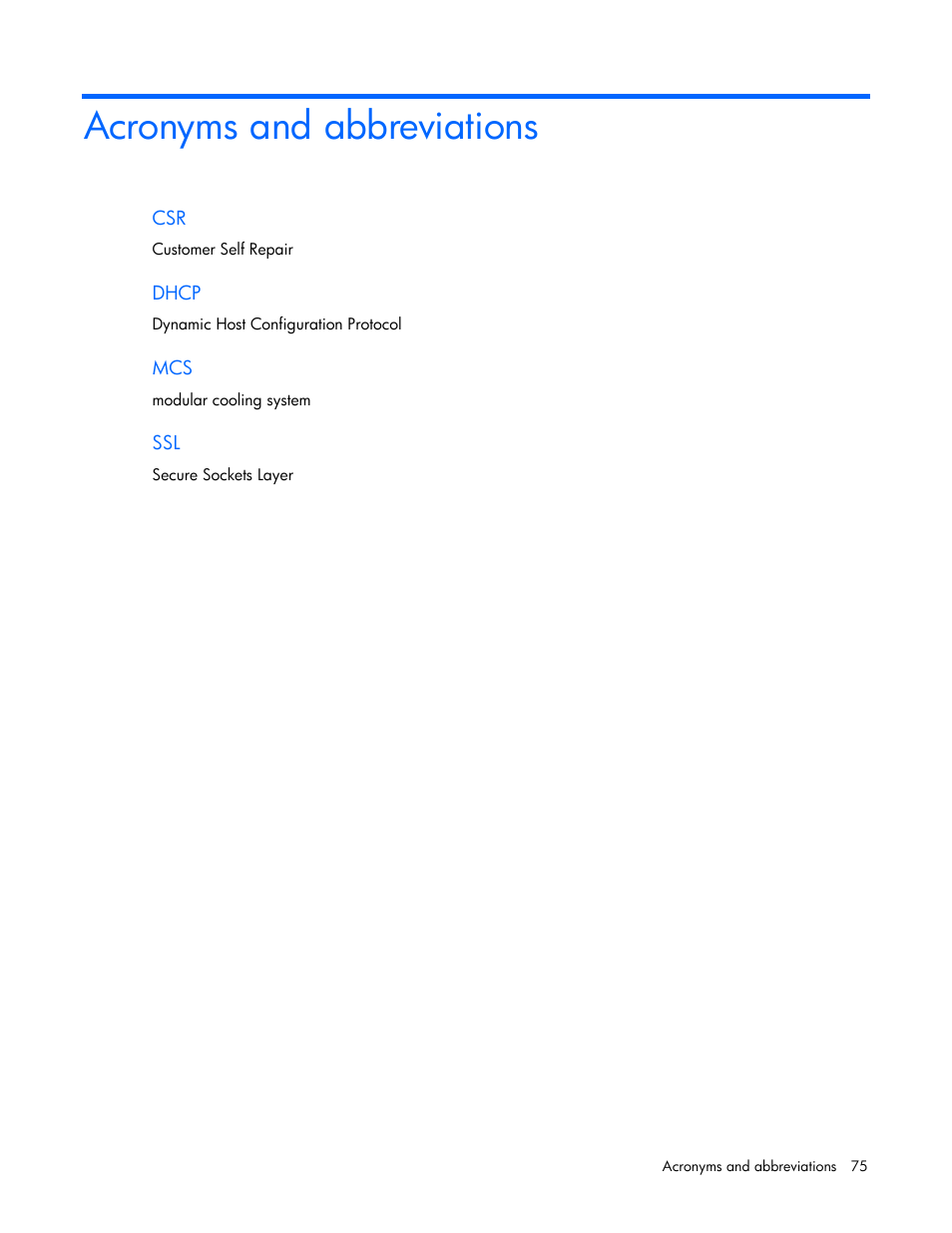 Acronyms and abbreviations | HP Modular Cooling System User Manual | Page 75 / 78