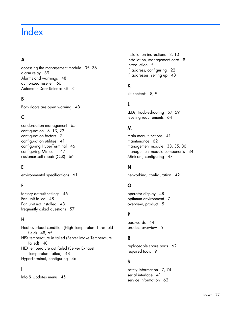 Index | HP Modular Cooling System User Manual | Page 77 / 78