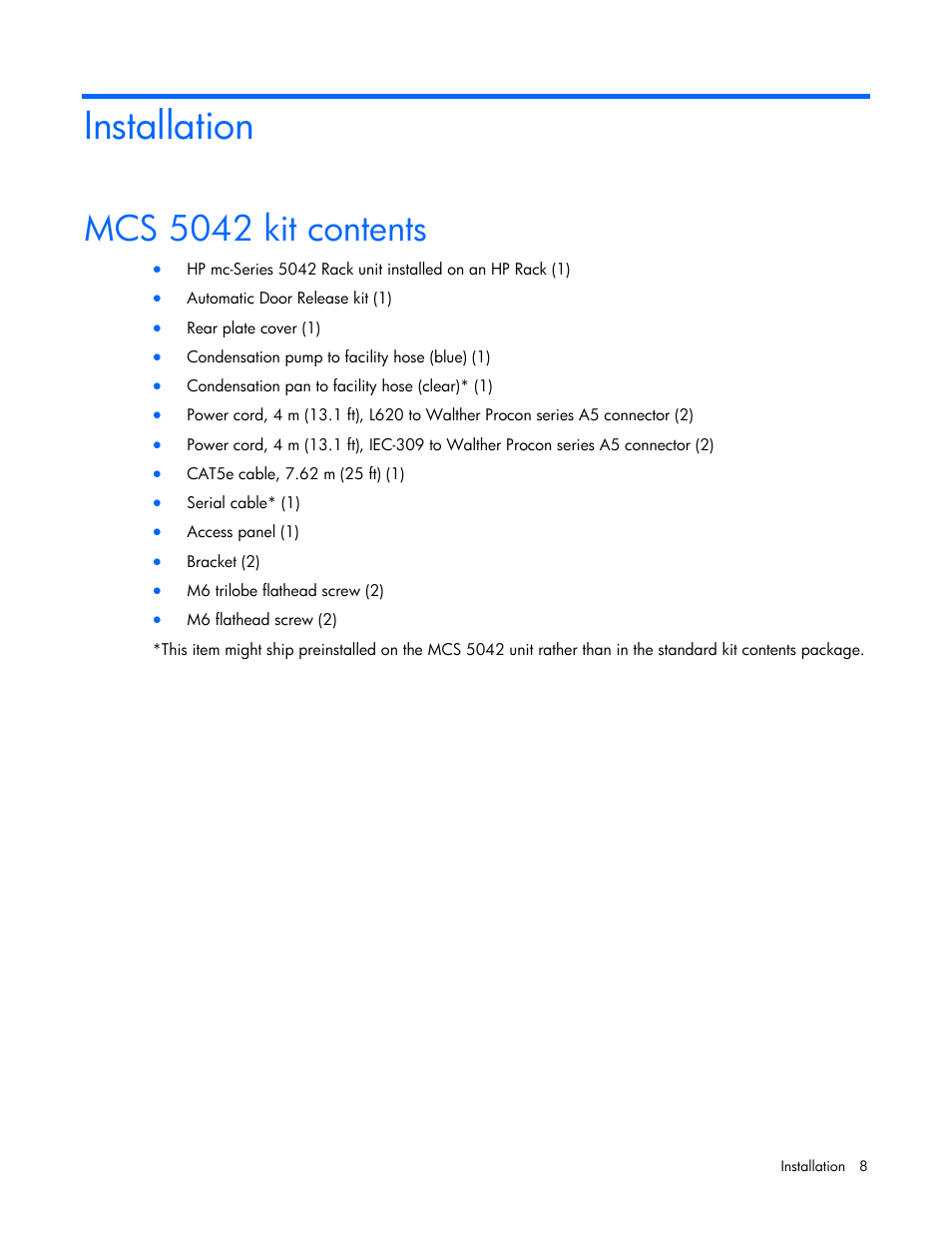 Installation, Mcs 5042 kit contents | HP Modular Cooling System User Manual | Page 8 / 78