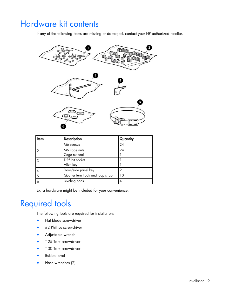 Hardware kit contents, Required tools | HP Modular Cooling System User Manual | Page 9 / 78