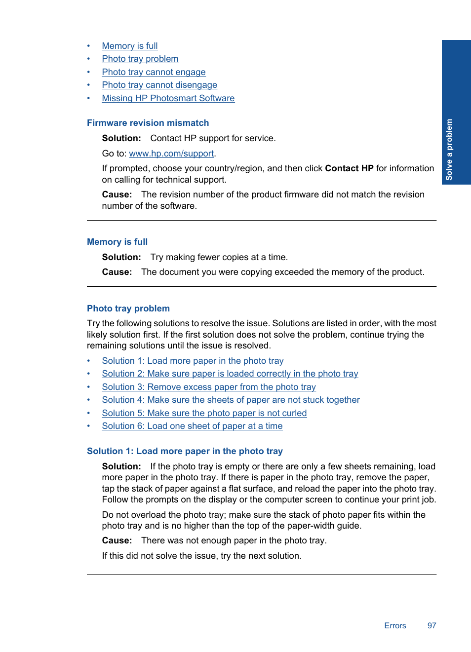 Photo tray problem, Firmware revision mismatch | HP Photosmart Premium C309 User Manual | Page 100 / 163