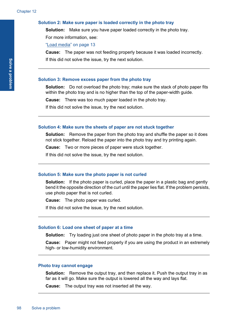 Photo tray cannot engage, Solution 6: load one sheet of paper at a time | HP Photosmart Premium C309 User Manual | Page 101 / 163