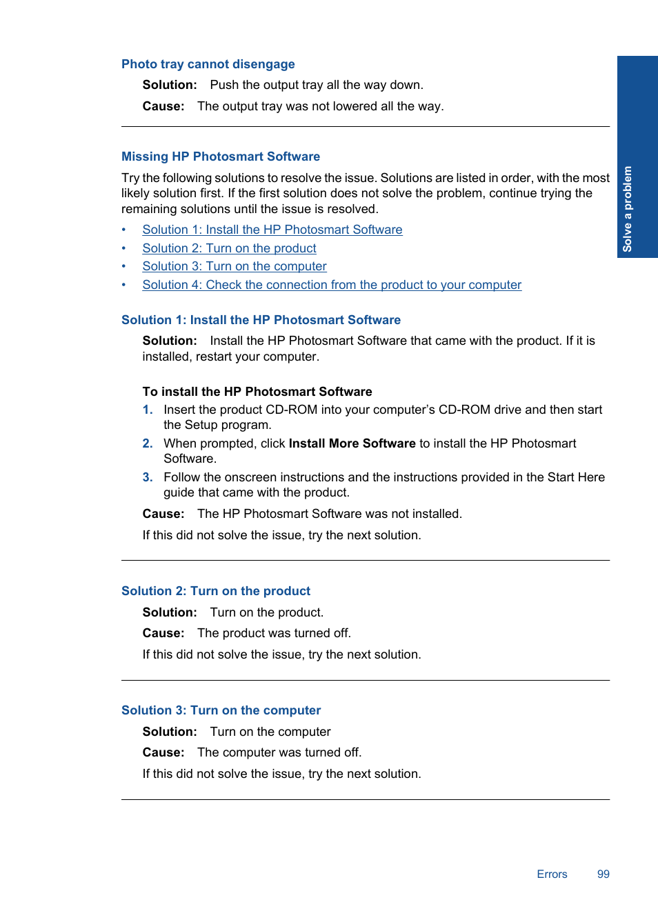 Missing hp photosmart software, Photo tray cannot disengage | HP Photosmart Premium C309 User Manual | Page 102 / 163