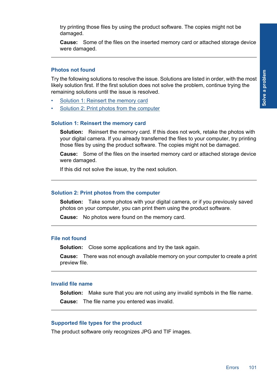 Photos not found, Supported file types for the product, File not found | Invalid file name | HP Photosmart Premium C309 User Manual | Page 104 / 163