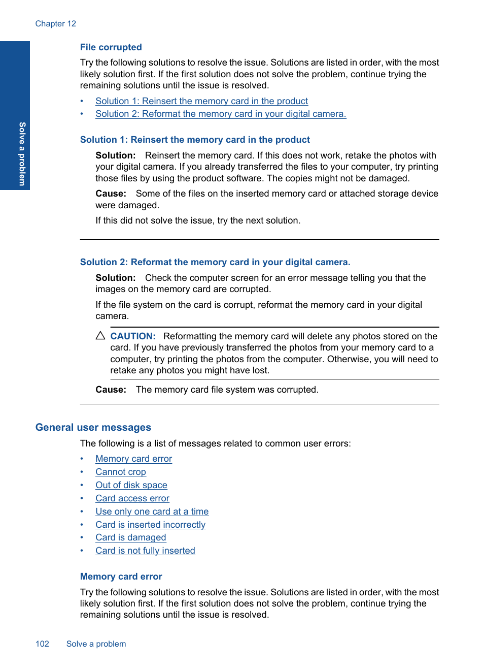 File corrupted, General user messages, Memory card error | HP Photosmart Premium C309 User Manual | Page 105 / 163