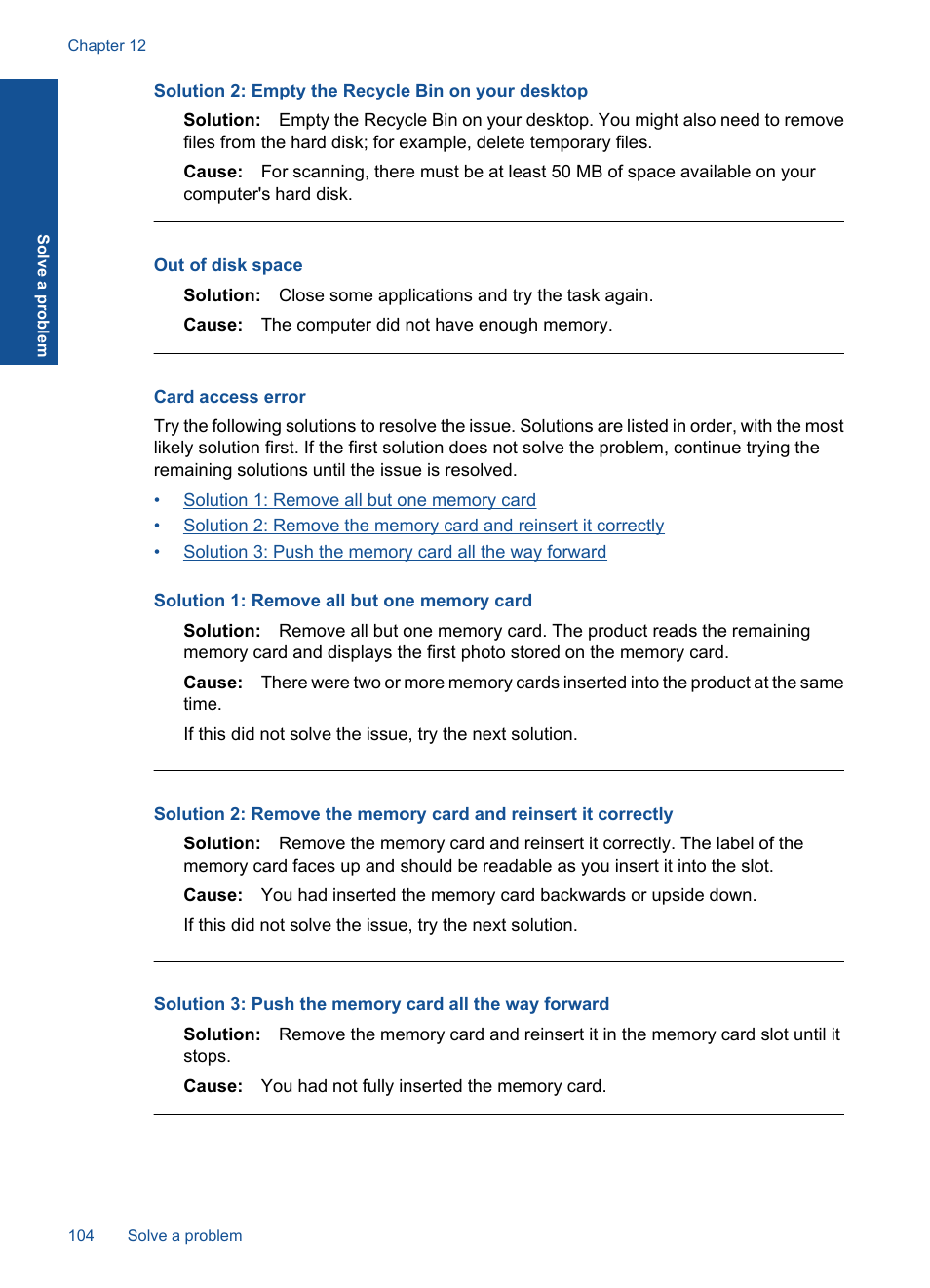 Card access error, Out of disk space, Solution 2: empty the recycle bin on your desktop | HP Photosmart Premium C309 User Manual | Page 107 / 163