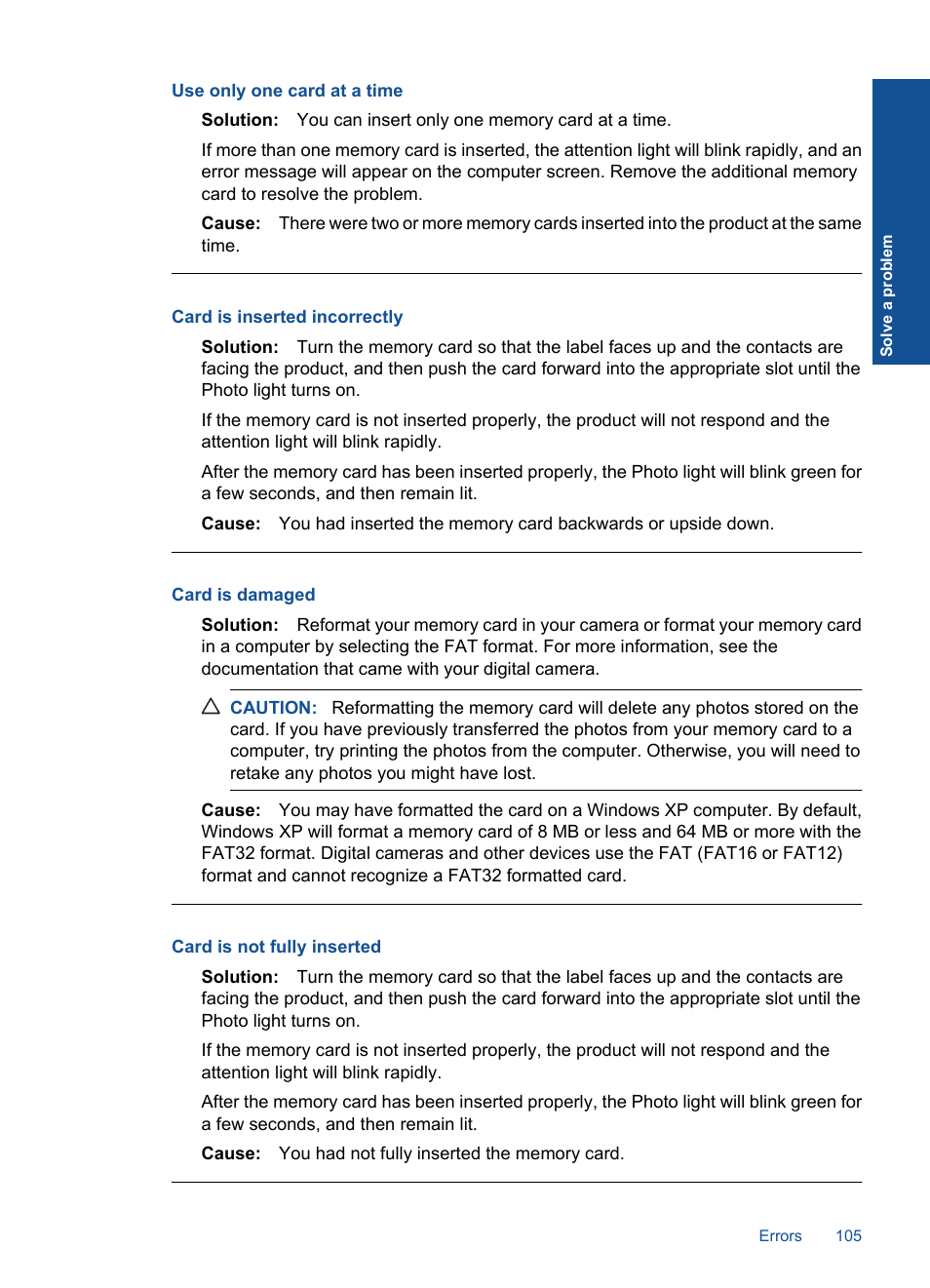 Use only one card at a time, Card is inserted incorrectly, Card is damaged | Card is not fully inserted | HP Photosmart Premium C309 User Manual | Page 108 / 163