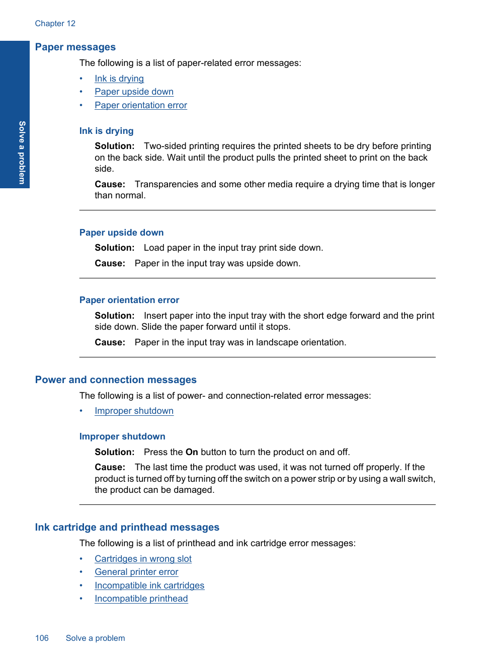 Paper messages, Power and connection messages, Ink cartridge and printhead messages | HP Photosmart Premium C309 User Manual | Page 109 / 163