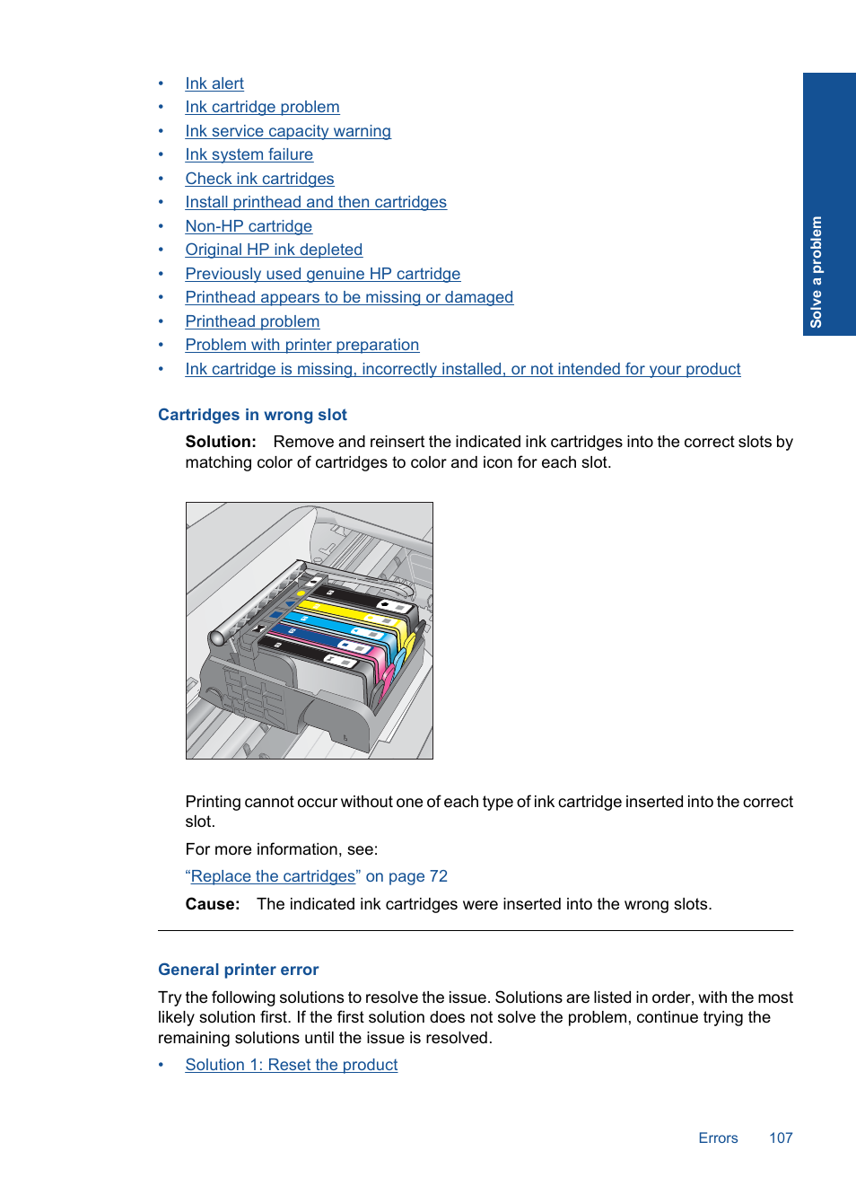 General printer error, Cartridges in wrong slot | HP Photosmart Premium C309 User Manual | Page 110 / 163