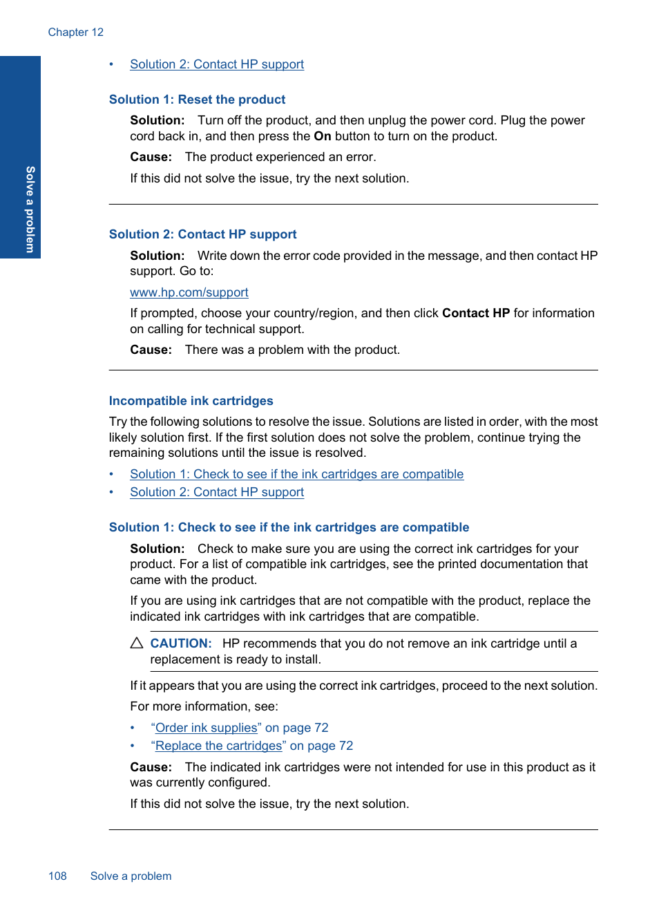 Incompatible ink cartridges, Solution 1: reset the product | HP Photosmart Premium C309 User Manual | Page 111 / 163