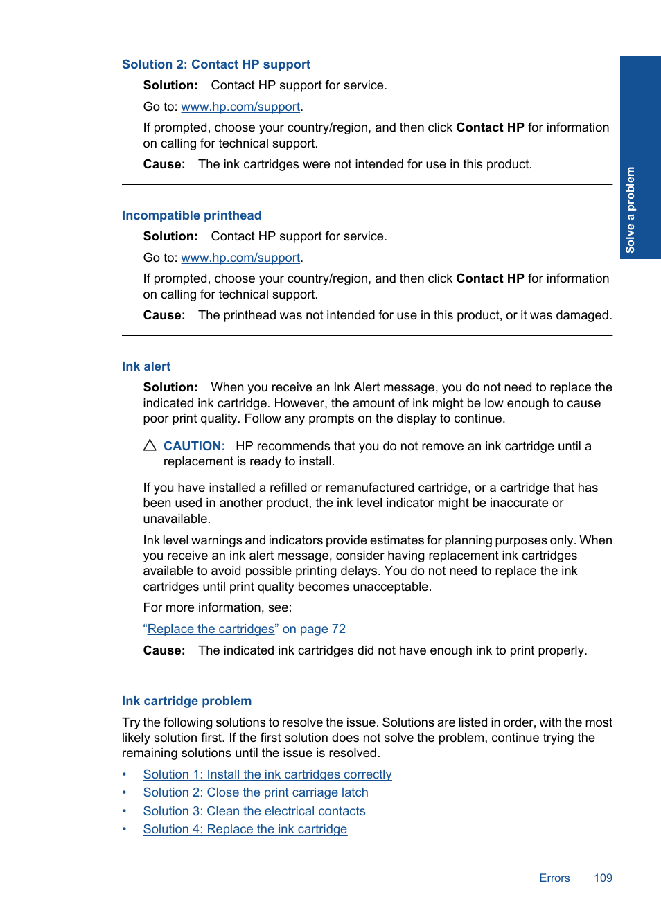 Ink cartridge problem, Incompatible printhead, Ink alert | Solution 2: contact hp support | HP Photosmart Premium C309 User Manual | Page 112 / 163