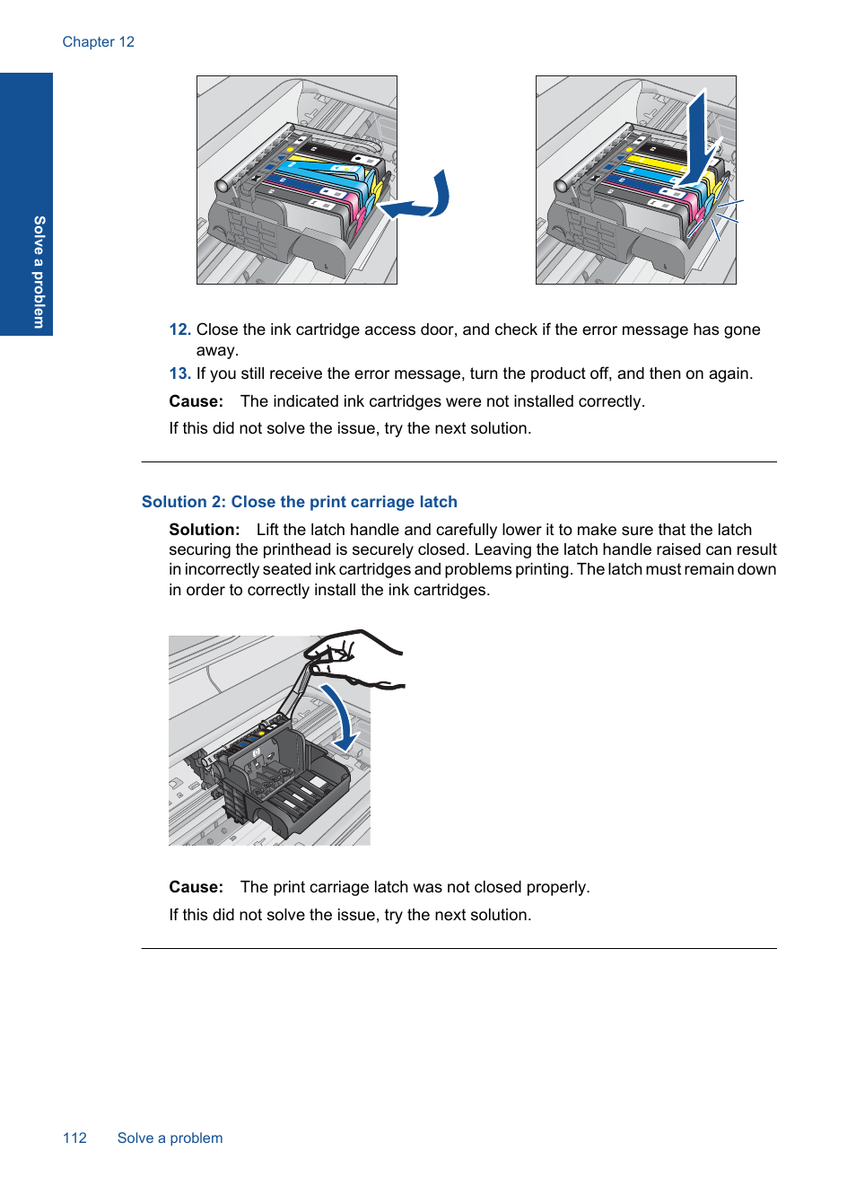 Solution 2: close the print carriage latch | HP Photosmart Premium C309 User Manual | Page 115 / 163